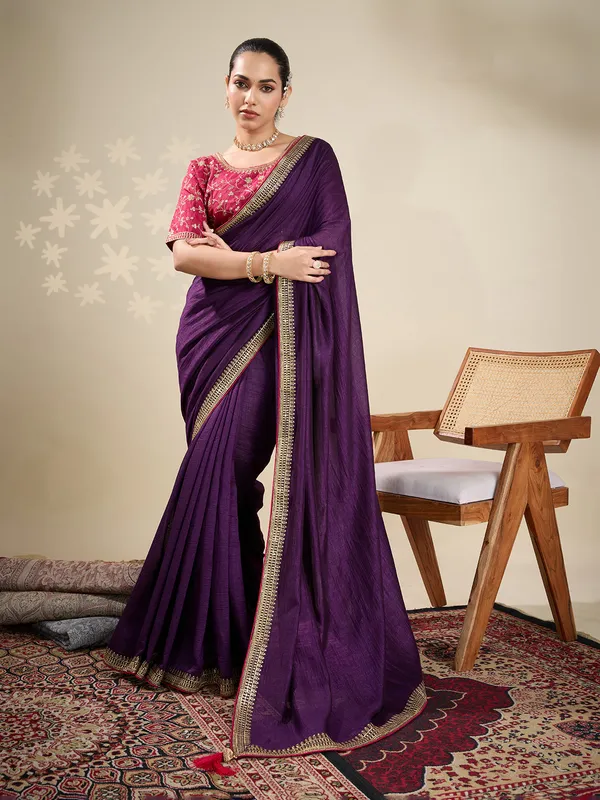 Purple plain silk saree for festive celebration