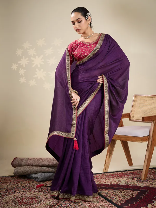 Purple plain silk saree for festive celebration