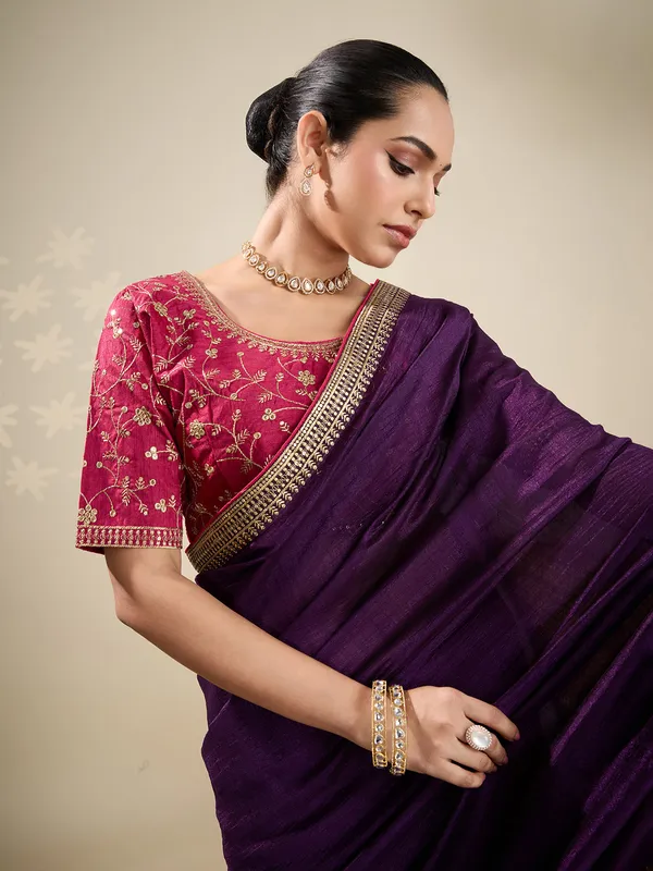 Purple plain silk saree for festive celebration
