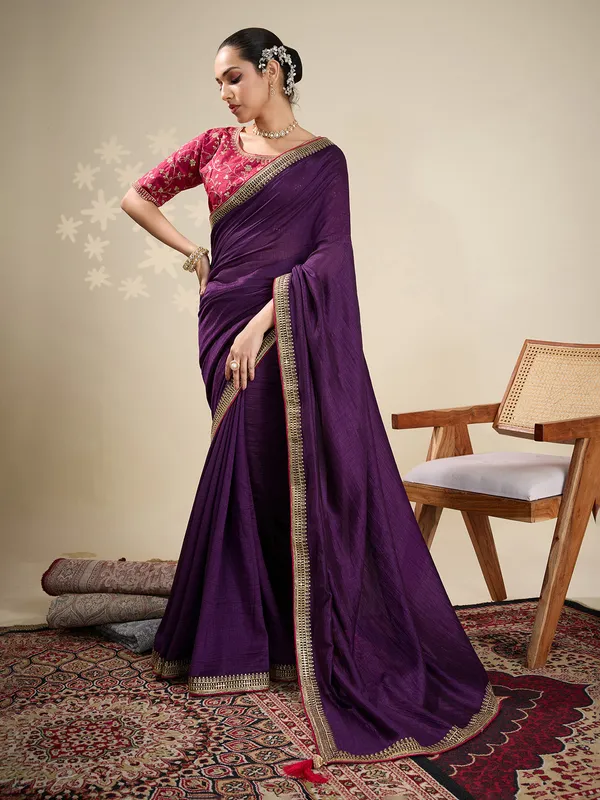 Purple plain silk saree for festive celebration