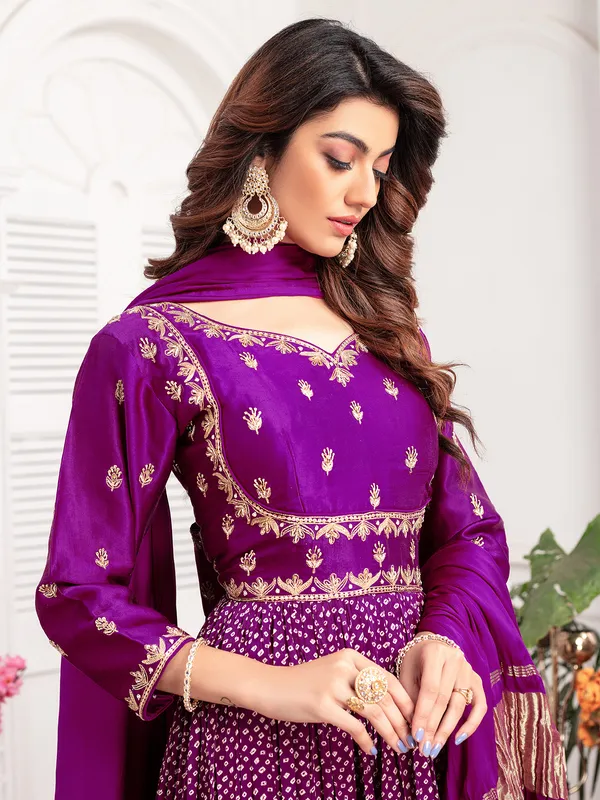 Purple printed anarkali suit in silk