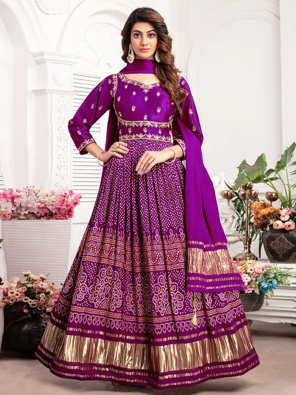Purple printed anarkali suit in silk