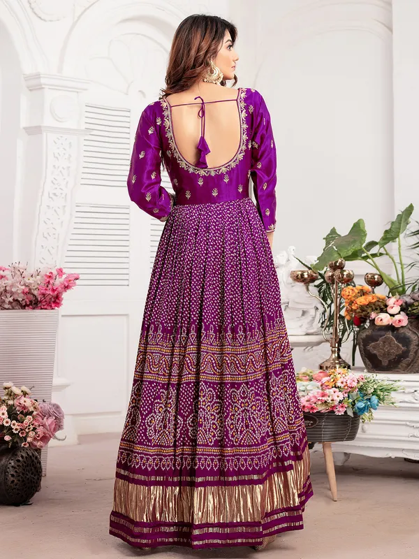 Purple printed anarkali suit in silk