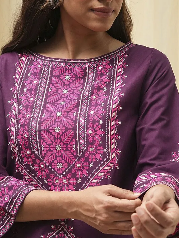 Purple printed casual cotton silk kurti