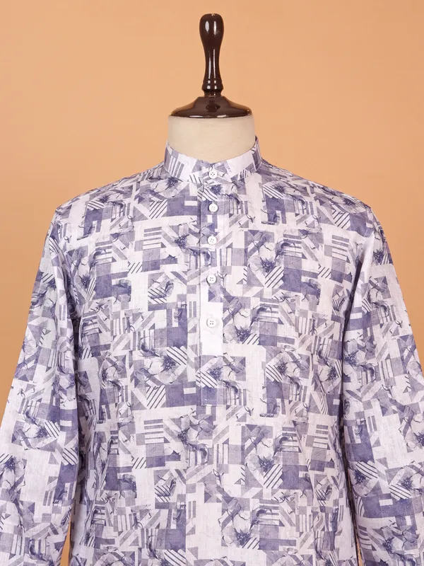 Purple printed cotton kurta suit for men