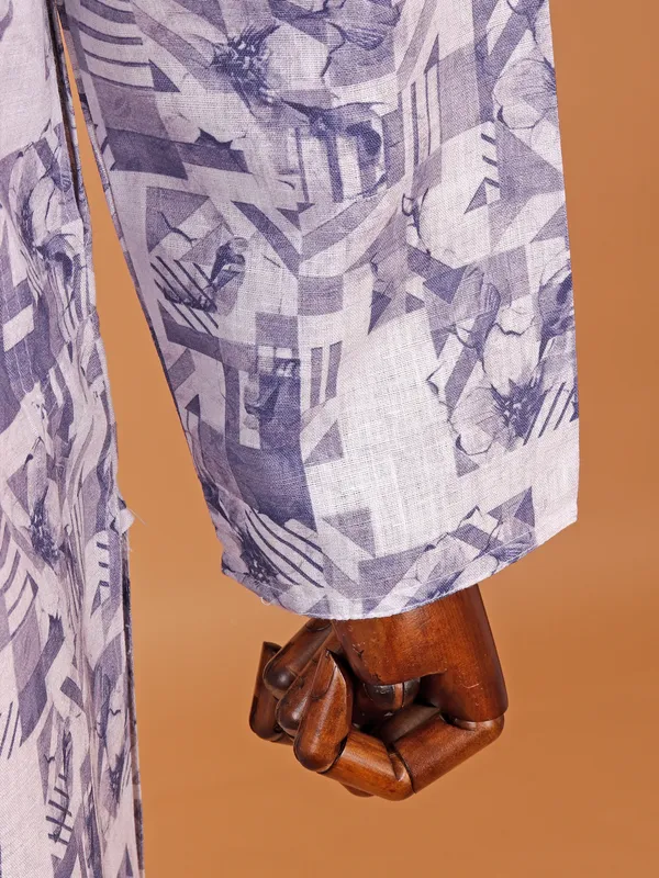 Purple printed cotton kurta suit for men