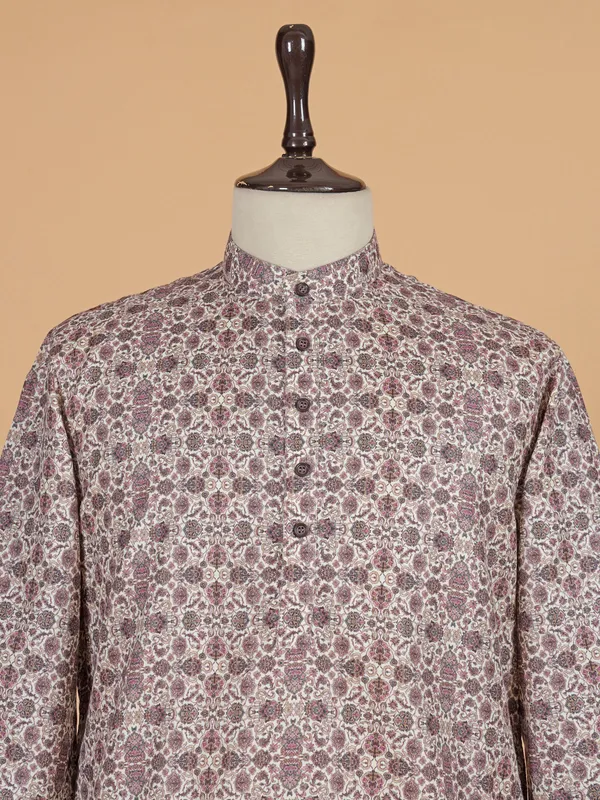 Purple printed cotton silk kurta set