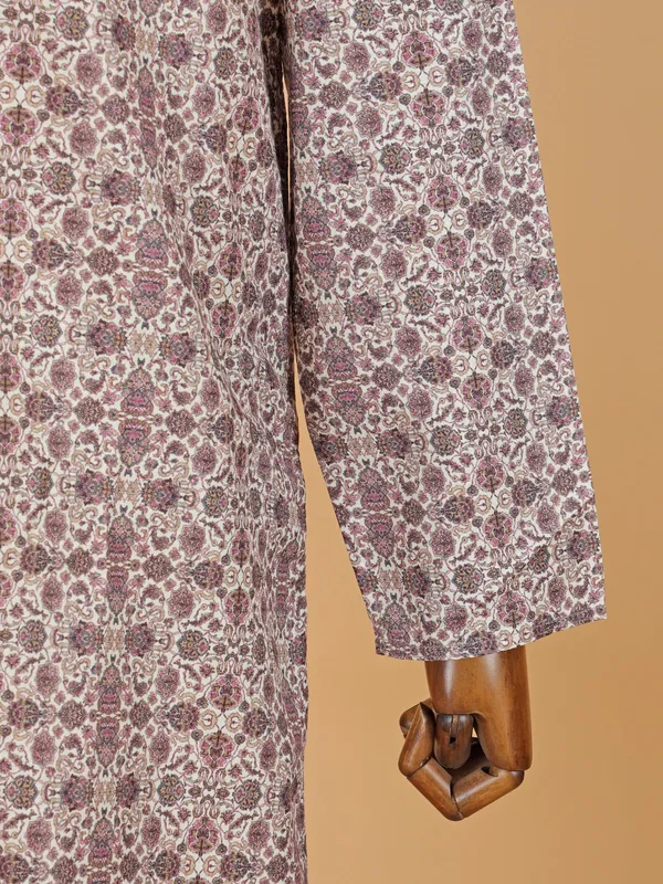 Purple printed cotton silk kurta set