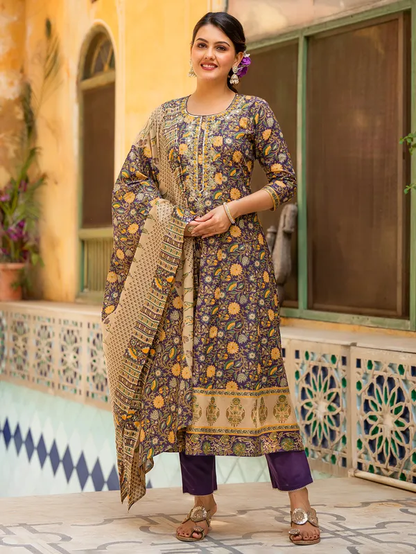 Purple printed cotton silk kurti set for women