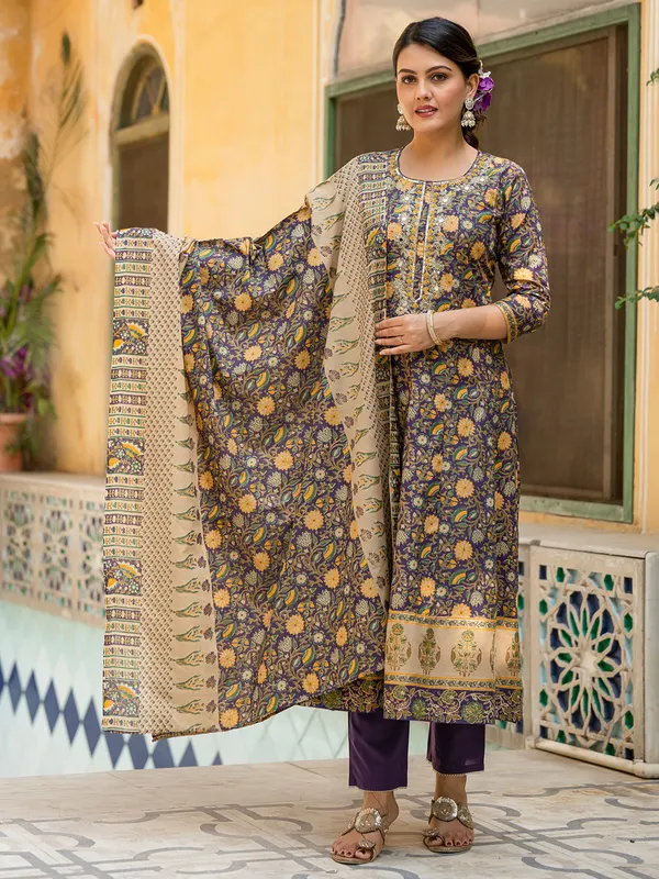 Purple printed cotton silk kurti set for women