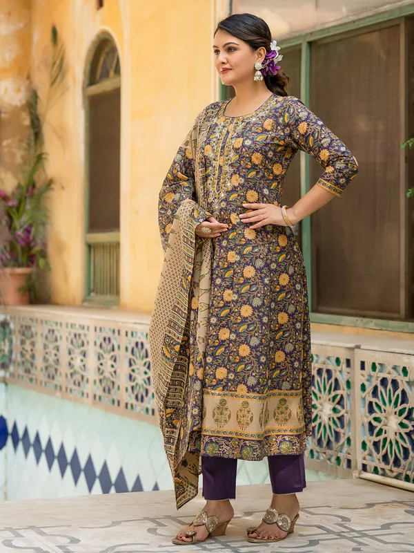 Purple printed cotton silk kurti set for women
