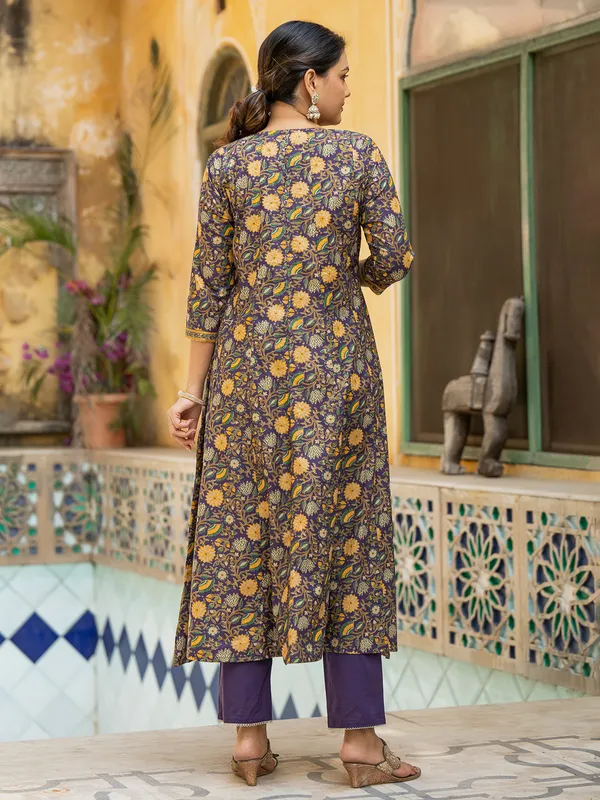 Purple printed cotton silk kurti set for women