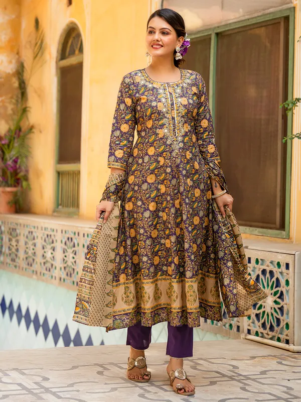 Purple printed cotton silk kurti set for women