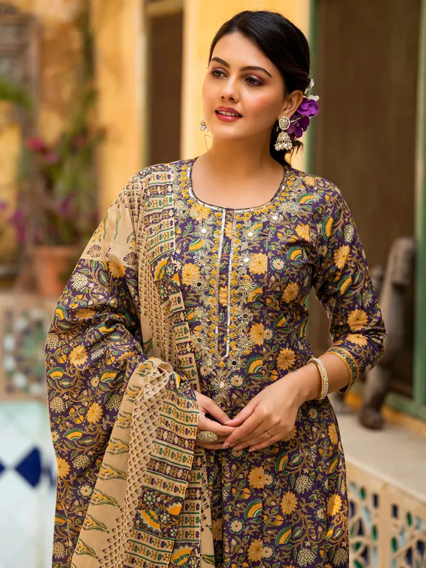 Purple printed cotton silk kurti set for women