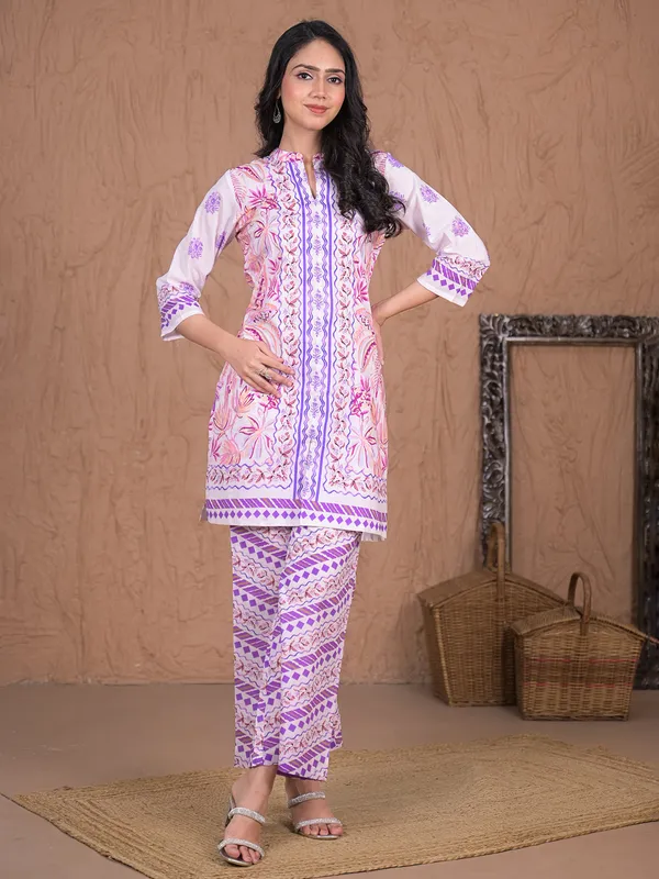 Purple printed cotton silk palazzo kurti set