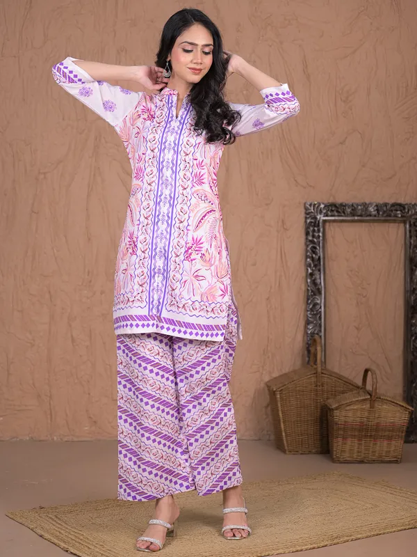Purple printed cotton silk palazzo kurti set