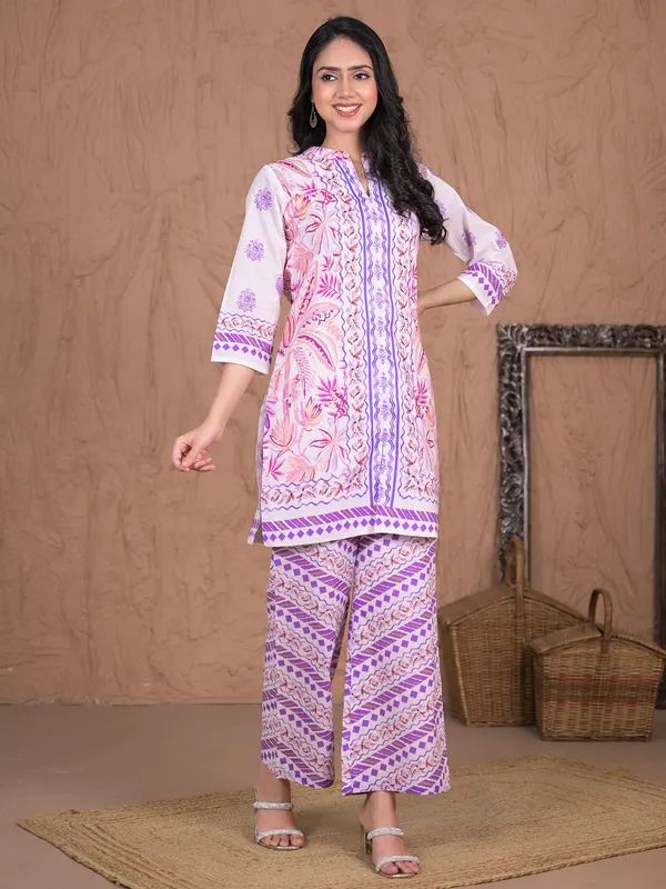 Purple printed cotton silk palazzo kurti set