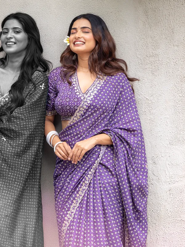 Purple printed cotton silk saree with readymade blouse
