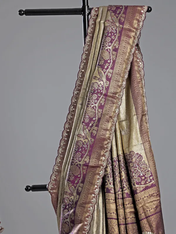 Purple printed cotton silk saree with wedding shine