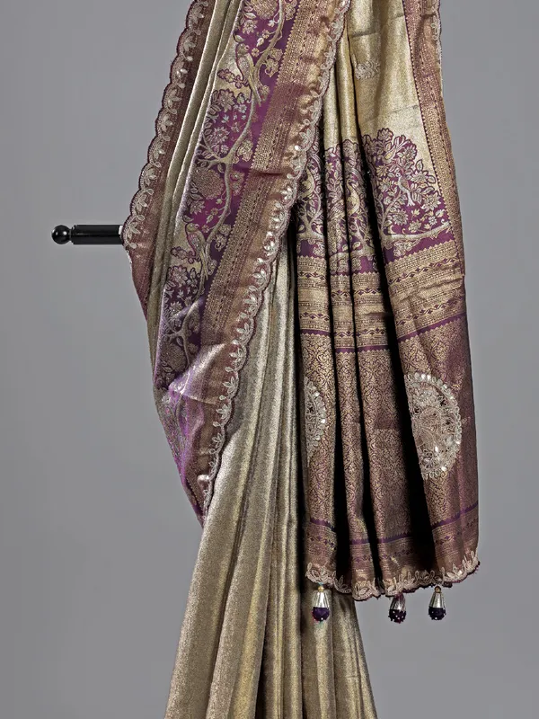 Purple printed cotton silk saree with wedding shine