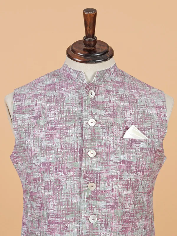 Purple printed cotton silk waistcoat for men