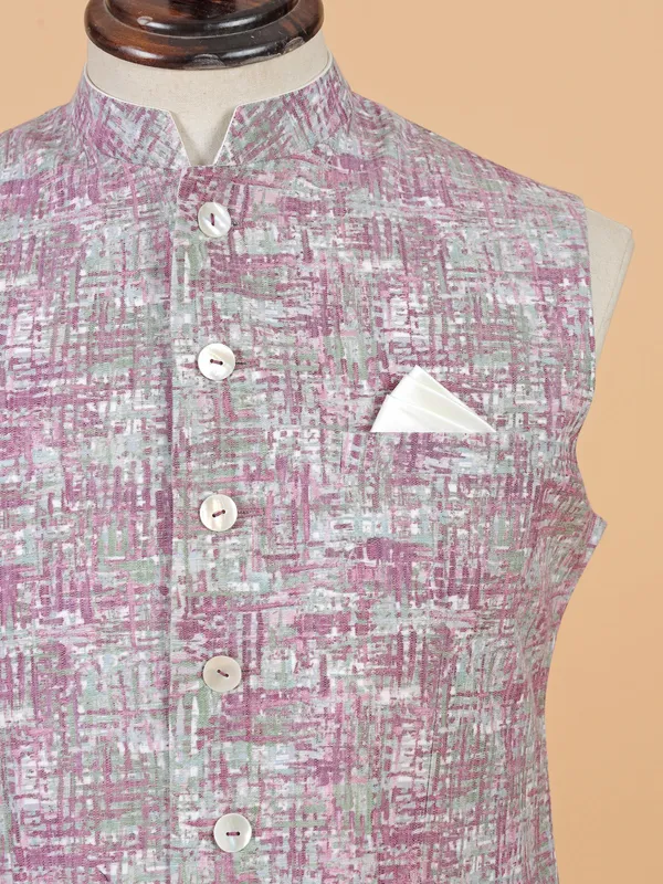 Purple printed cotton silk waistcoat for men