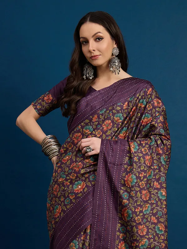 Purple printed cozi silk saree with thread work