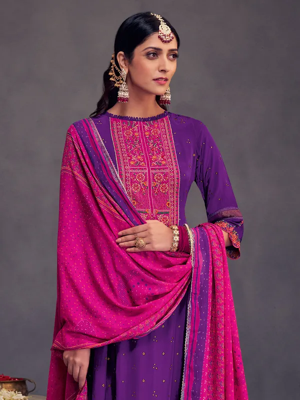 Purple printed crepe salwar suit