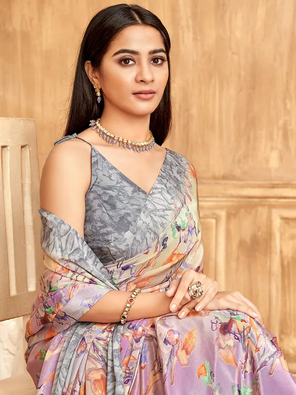 Purple printed crepe saree