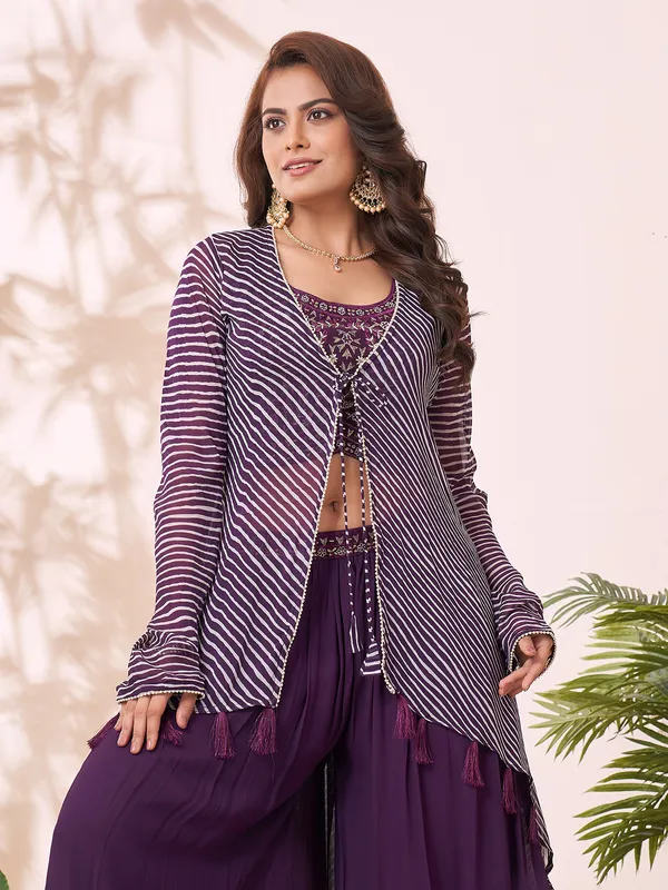 Purple printed jacket style palazzo suit in georgette