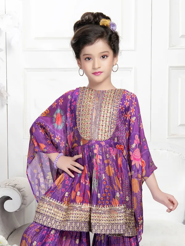 Purple printed kaftan style sharara set