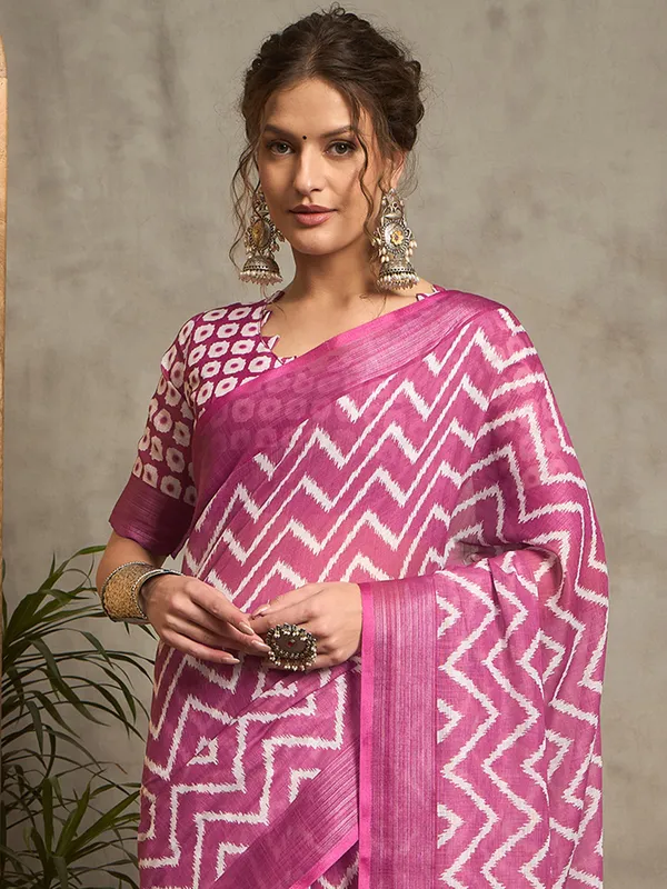 Purple printed pure linen saree