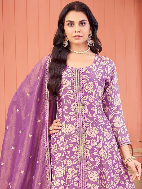 Purple printed salwar suit in silk