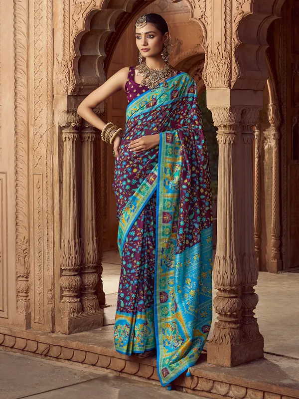 Purple printed saree in soft silk