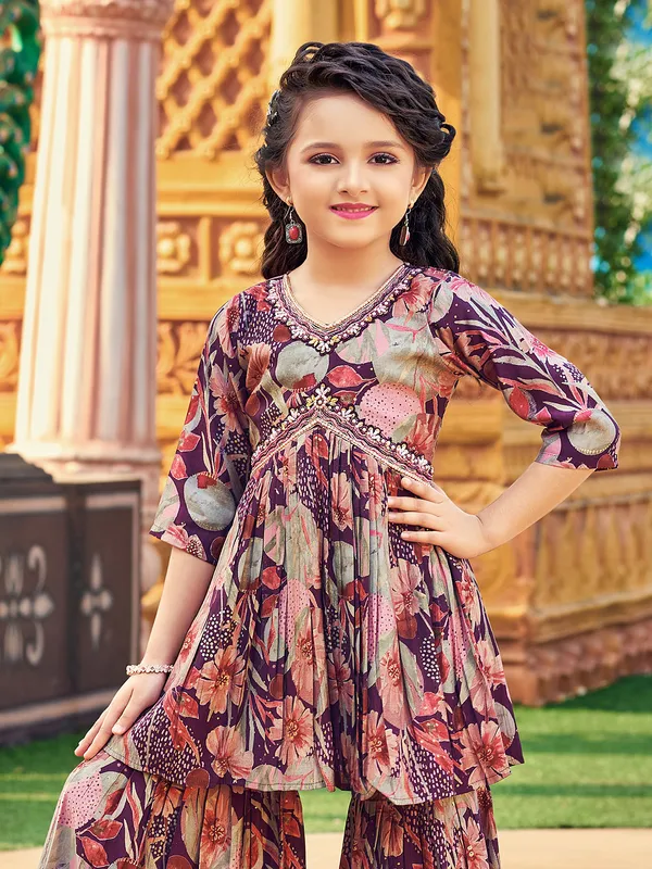 Purple printed sharara suit in georgette