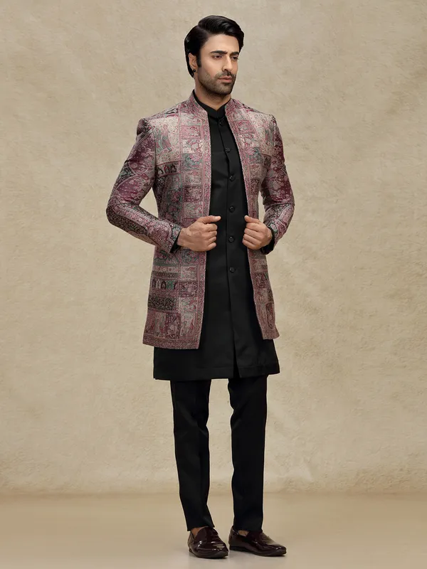 Purple printed silk indo western for mens