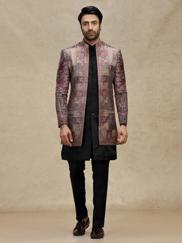 Purple printed silk indo western for mens