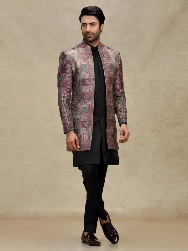 Purple printed silk indo western for mens