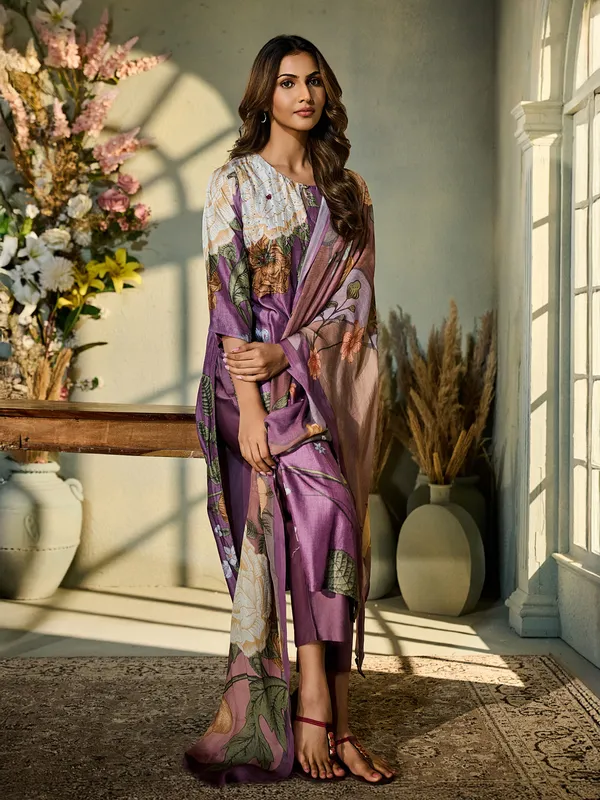 Purple printed silk kurti set for festive celebration