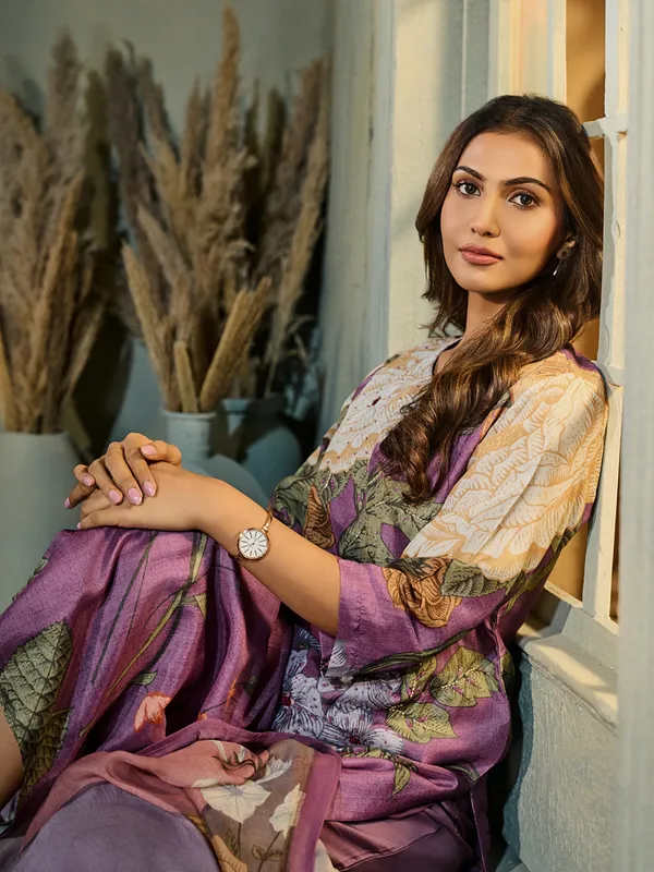 Purple printed silk kurti set for festive celebration