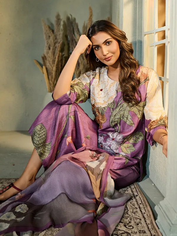 Purple printed silk kurti set for festive celebration