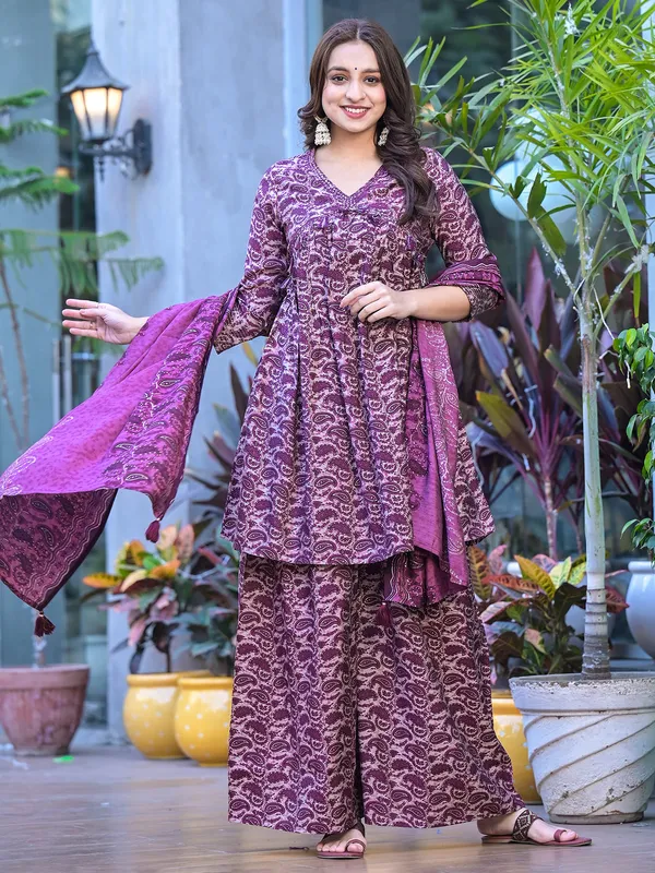 Purple printed silk palazzo set