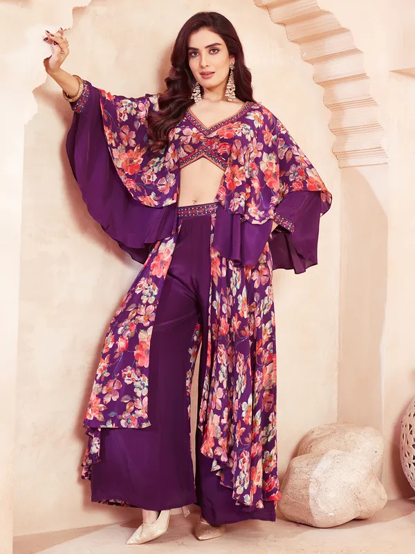 Purple printed silk palazzo suit