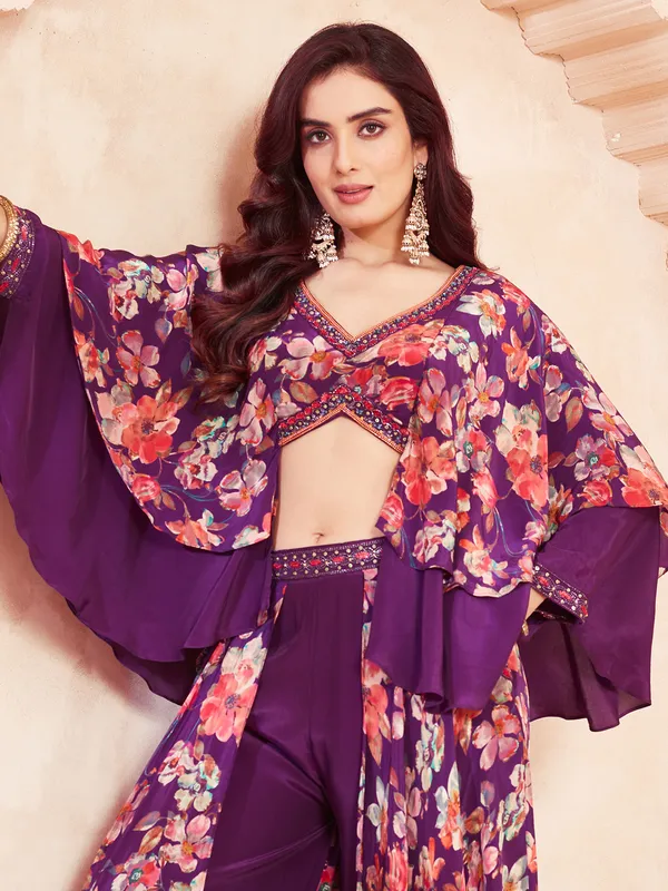 Purple printed silk palazzo suit