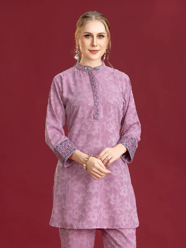 Purple printed silk pant co-ord for casual wear