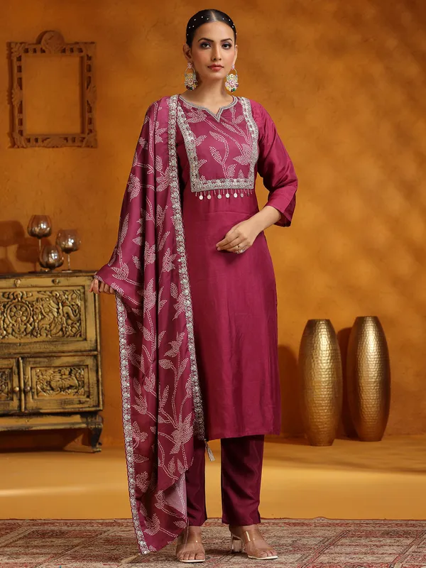 Purple printed silk salwar suit for festive