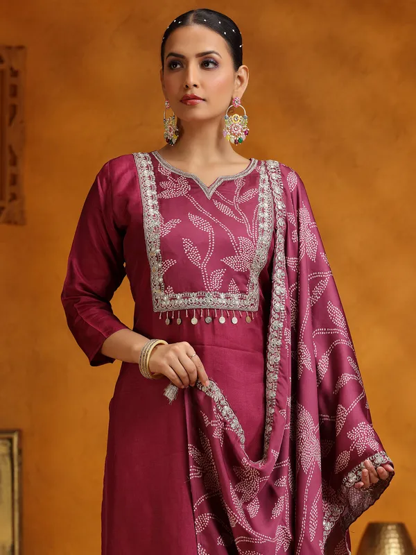 Purple printed silk salwar suit for festive