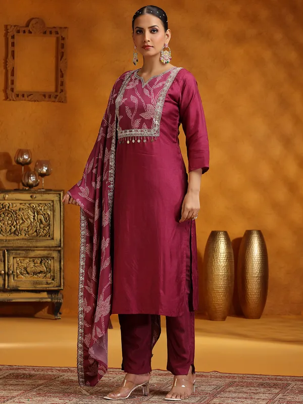 Purple printed silk salwar suit for festive