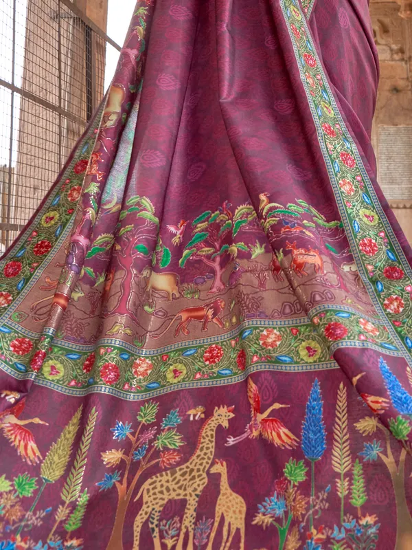 Purple printed silk saree festive celebration