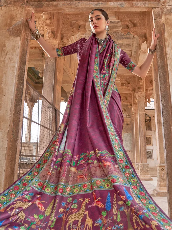 Purple printed silk saree festive celebration